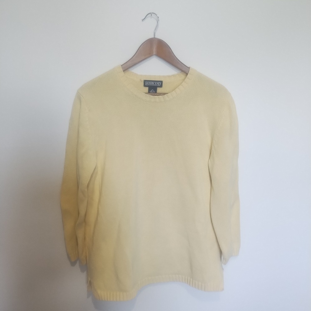Vintage Lands End Butter Yellow Sweater Women's M Cotton 3/4 Sleeve Crew Neck